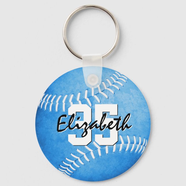 Porte-clés nom personnalisé jersey nombre filles bleu softbal (Recto)