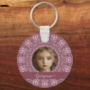 Porte-clés Nom Personnalisé Joli rose Floral Mandala Cadre ph