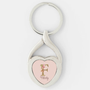 Porte-clés Nom personnalisé lettre F rose poudré roses feuill