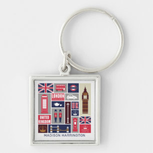 Porte-clés Nom personnalisé Londres Royaume-Uni Icônes