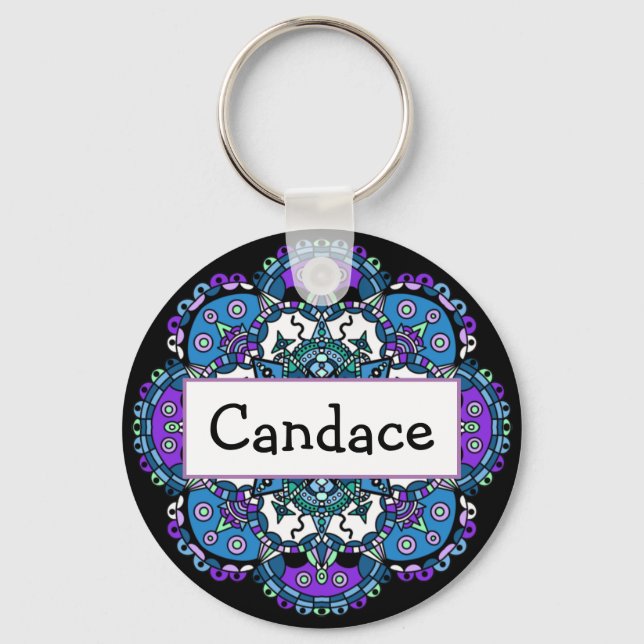 Porte-clés Nom personnalisé mauve et bleu Mandala Magnet (Recto)