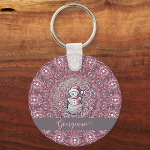 Porte-clés Nom personnalisé mignon Whimsical Pink Snowman Man