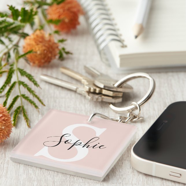 Porte-clés Nom personnalisé moderne Monogram Pastel Rose (Devant Droit)