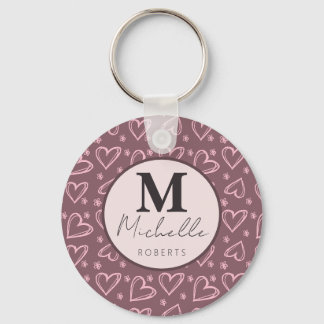 Porte-clés Nom personnalisé Monogramme Coeurs de doodle initi