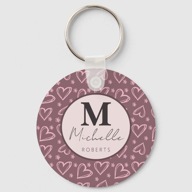 Porte-clés Nom personnalisé Monogramme Coeurs de doodle initi (Recto)
