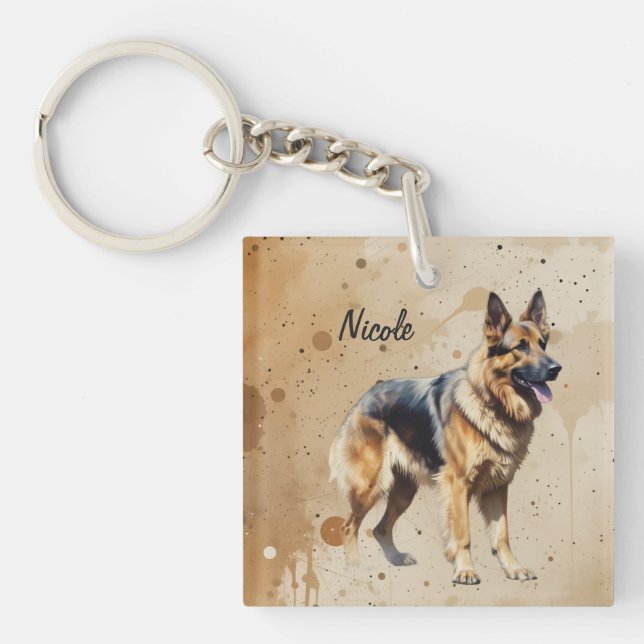 Porte-clés Nom personnalisé ou texte Berger allemand animal d (Devant)