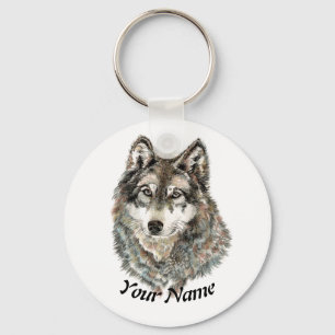 Porte-clés Nom personnalisé ou texte Loup aquarelle animal