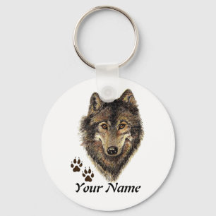 Porte-clés Nom personnalisé ou texte Loup aquarelle animal