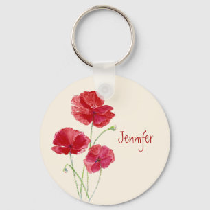Porte-clés Nom personnalisé Papiers rouges Fleurs aquarelles