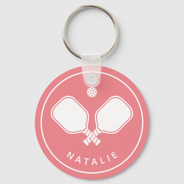 Porte-clés Nom personnalisé Pickleball rose et blanc (Recto)