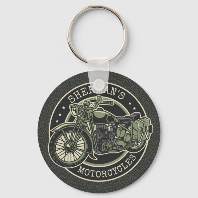 Porte-clés NOM personnalisé Retro Military Motorcycle Biker (Recto)