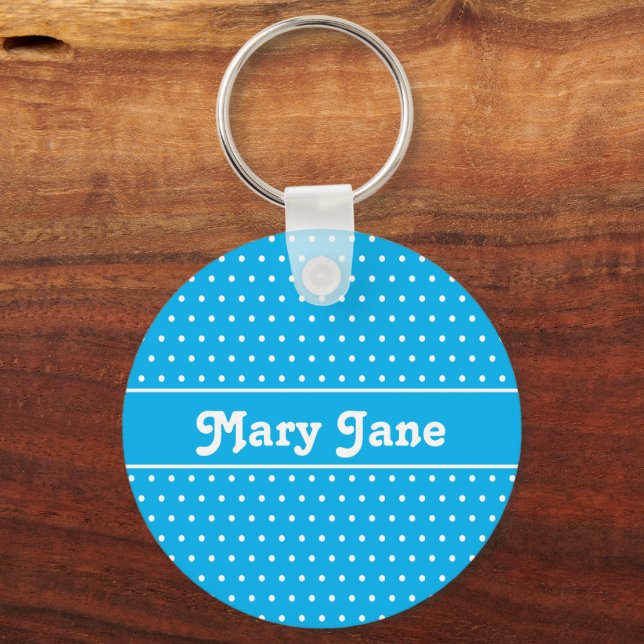 Porte-clés Nom personnalisé simple Sky Blue Polka Point (Verso)