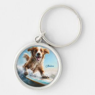 Porte-clés Nom personnalisé Surfing Chien