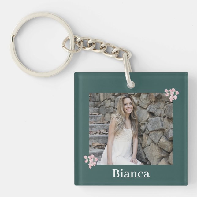 Porte-clés Nom photo personnalisé Chasseur de fleurs rose ver (Devant)