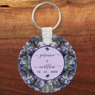 Porte-clés Noms de Couple Floral Noir Classique Mariage