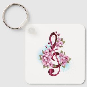 Porte-clés Notes de clef musicale en treble avec des fleurs S