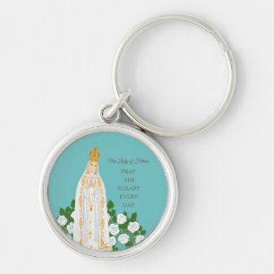 Porte-clés Notre-Dame de Fatima et roses blanches
