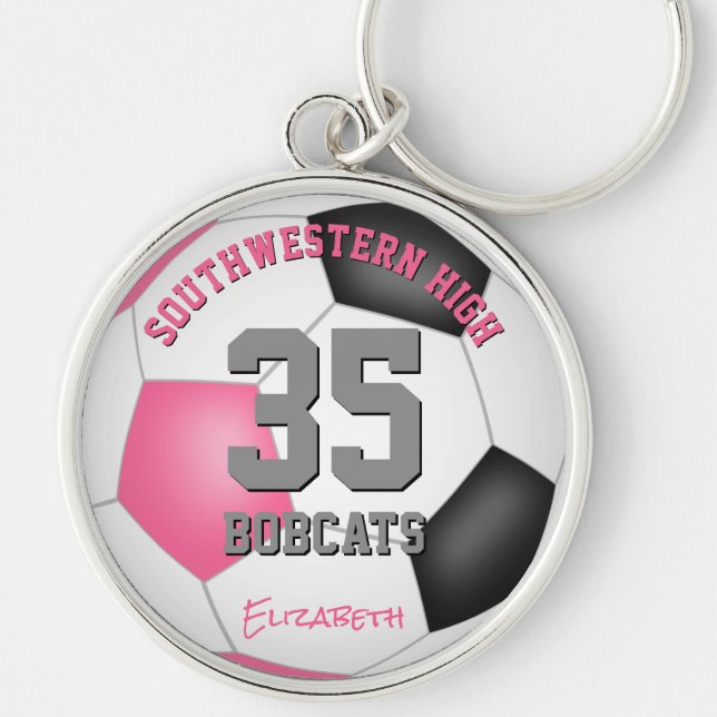 Porte-clés numéro de maillot de football féminin noir rose (Devant)