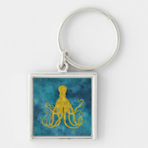 Porte-clés Octopus Gold Leopard Skin Print Teal Aqua Blue