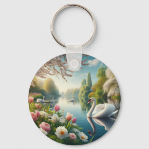 Porte-clés OEuvre d'art printanière du lac des cygnes floraux