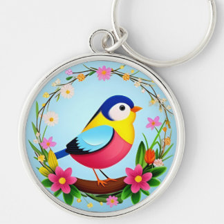 Porte-clés Oiseau coloré entouré d'une couronne de fleurs
