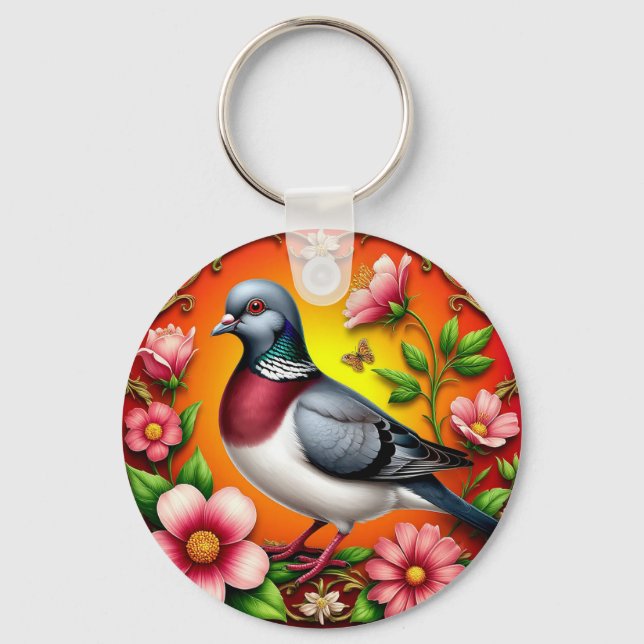 Porte-clés Oiseau Coloré Perché Parmi Des Fleurs Vibrantes (Recto)