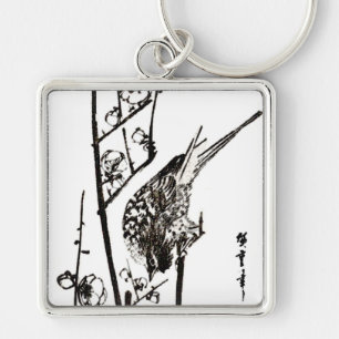 Porte-clés Oiseau japonais sur une branche - noir et blanc