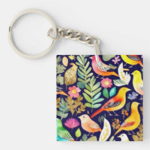 Oiseaux colorés motifs floraux décor bleu