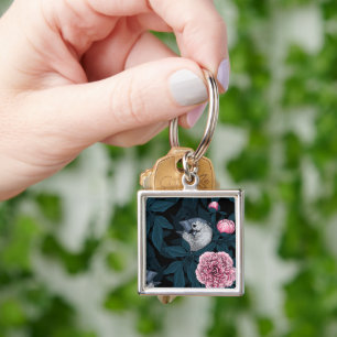 Porte-clés Oiseaux et fleurs de pivoines roses avec feuille