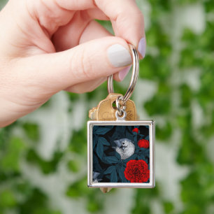 Porte-clés Oiseaux et fleurs de pivoines rouges avec feuilles