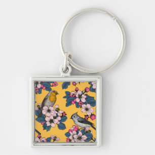 Porte-clés Oiseaux et fleurs sur le jaune