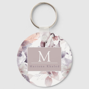 Porte-clés Oiseaux floraux baby shower nature violet et blanc