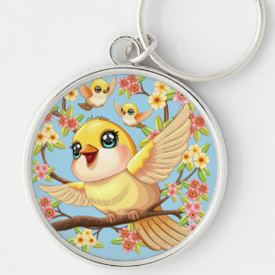 Porte-clés Oiseaux mignons et heureux parmi les fleurs du pri