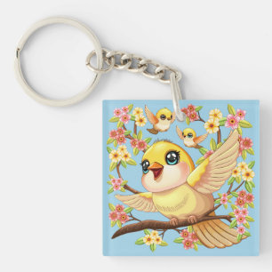 Porte-clés Oiseaux mignons et heureux parmi les fleurs du pri