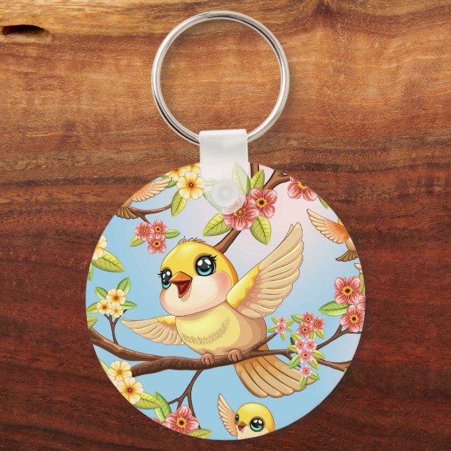 Porte-clés Oiseaux mignons et heureux parmi les fleurs du pri (Recto)