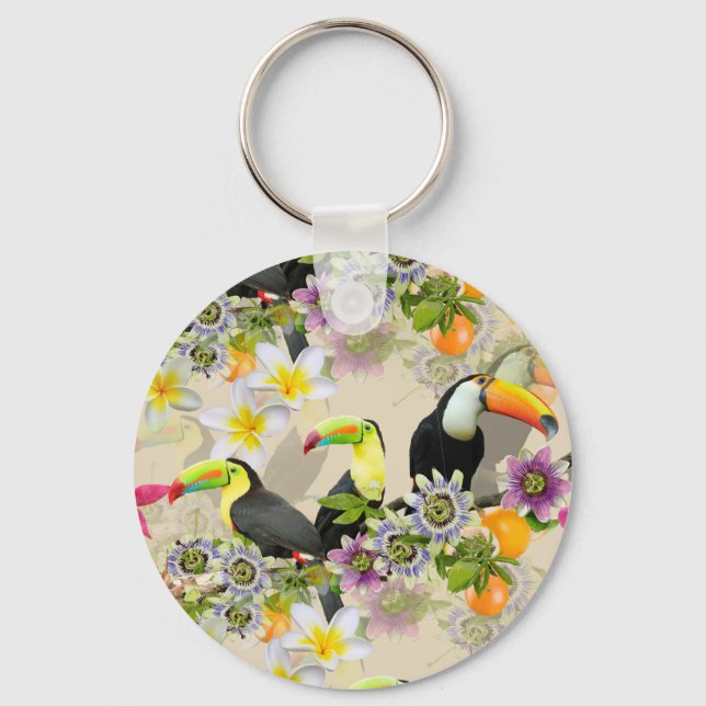 Porte-clés Oiseaux Toucans, Fleurs de Passion, Plumeria Tropi (Recto)