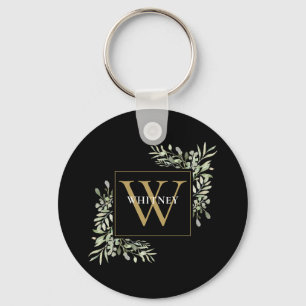 Porte-clés Or noir Monogramme Moderne Végétal Personnalisé 
