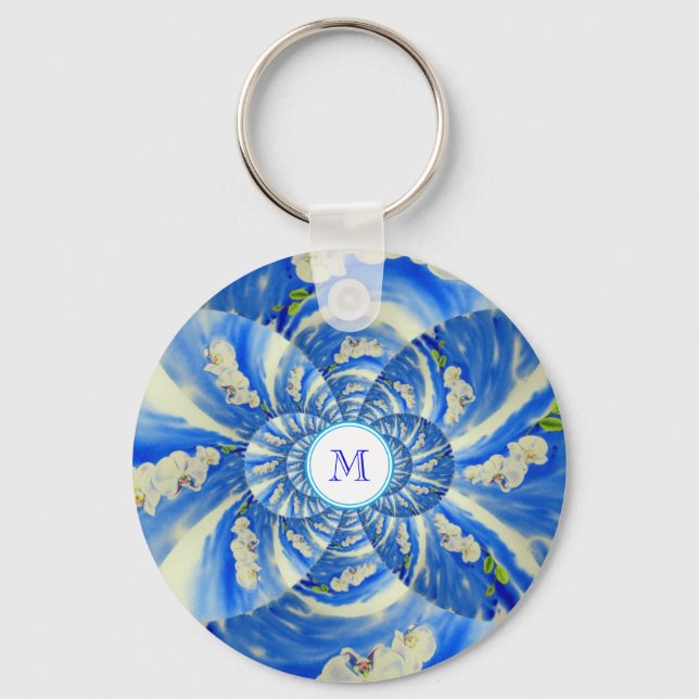 Porte-clés Orchidée aquarelle peinture, Nuages Mandala (Recto)