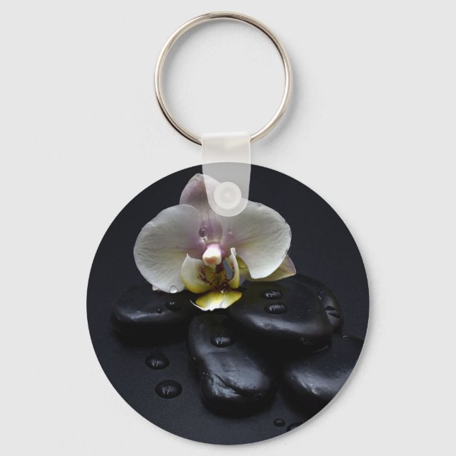 Porte-clés Orchidée Blanche Sur Pierres Noires (Recto)