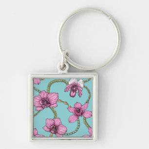 Porte-clés Orchidées et chaînes, roses et bleues