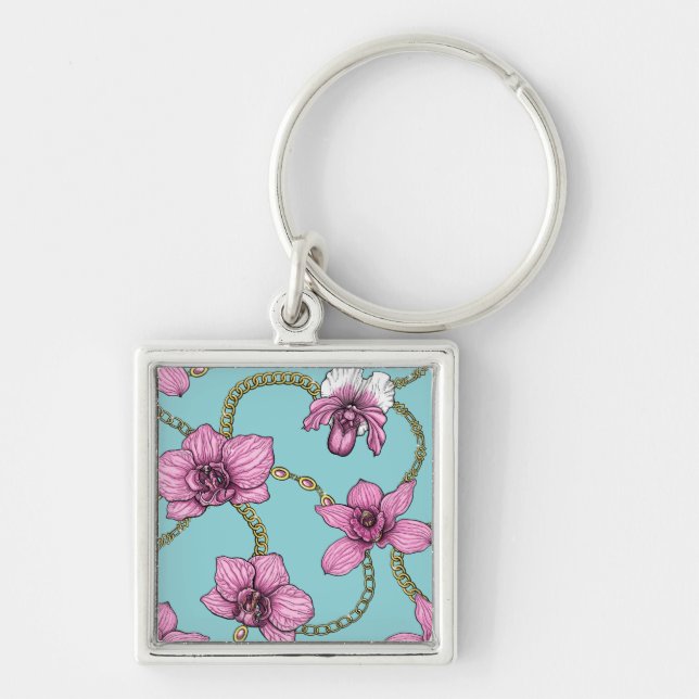 Porte-clés Orchidées et chaînes, roses et bleues (Devant)