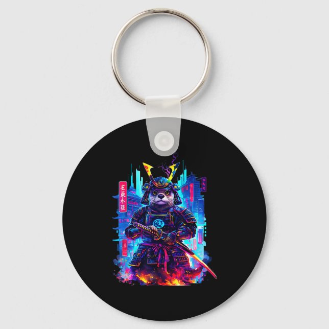 Porte-clés Otter Katana Cyberpunk Neon Samurai Japanese Art  (Recto)