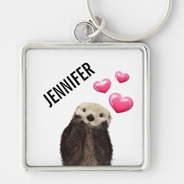 Porte-clés Otter mignonne avec Coeurs d'Amour Rose (Devant)