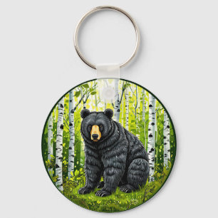 Porte-clés Ours noir dans une forêt de bouleaux