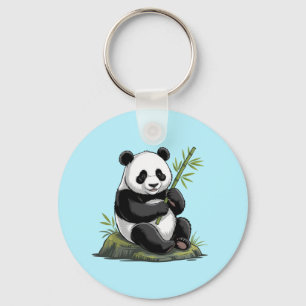 Porte-clés Ours Panda Mignon Branché Avec Bambou Verdure Bleu