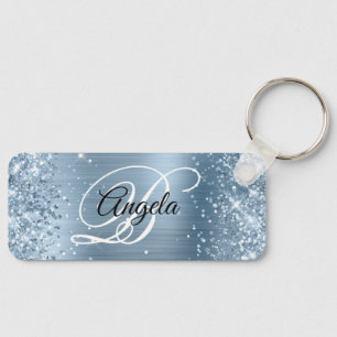 Porte-clés Pailleté bleu clair feuille métallisée monogramme