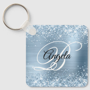Porte-clés Pailleté bleu clair métallisé monogramme fantaisie