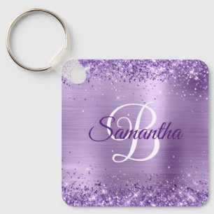 Porte-clés Pailleté Violet Strass Féminin Monogrammé en Feuil