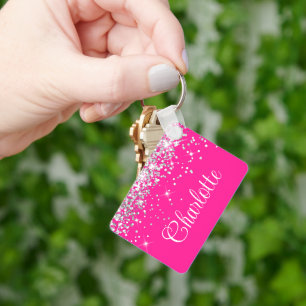 Porte-clés Paillettes argentées et monogramme rose chaud
