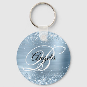 Porte-clés Paillettes Clair Bleu Feuille Fantaisie Monogramme